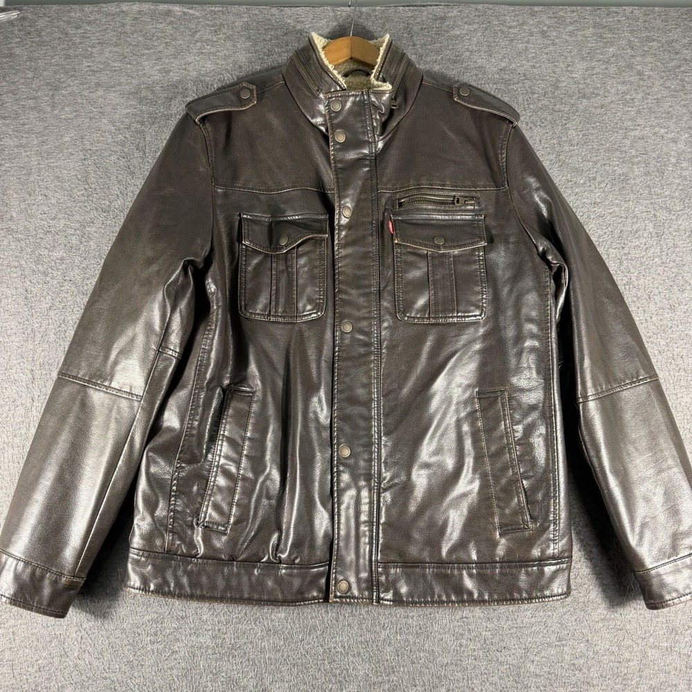 Levi's Men Jacket Large Brown Western Faux Leather Sherpa Lined Long Sleeve
